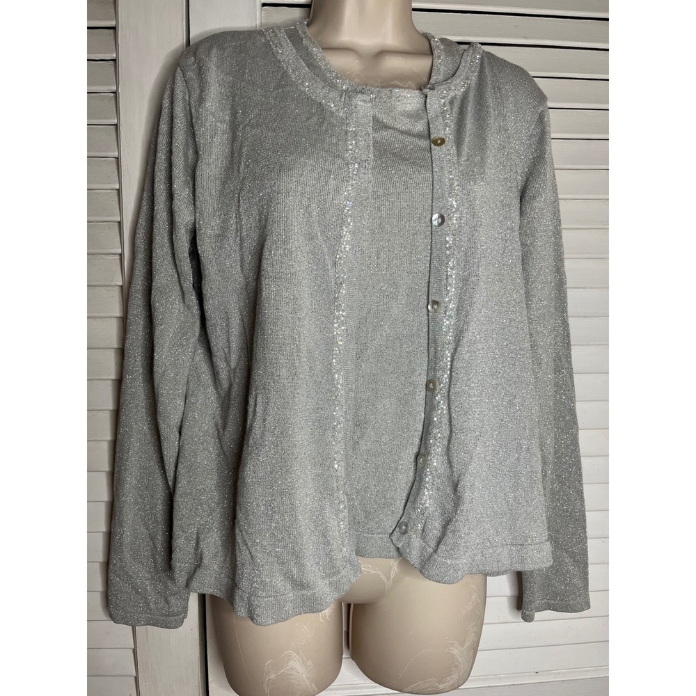 I.N. Studio Silver Metallic Silk Blend Beaded Cardigan Shell Twin Set Large